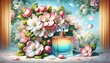 Image of Apple blossom flower and perfume bottle