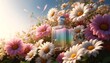 Image of Chamomile flowers and perfume bottle