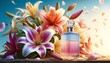 Image of Lily flowers and perfume bottle