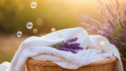 A basket with clean white laundry and soap bubbles on a blurred background with lavender flowers. House cleaning concept with spring chores cleaning textiles. Eco cleaning concept.