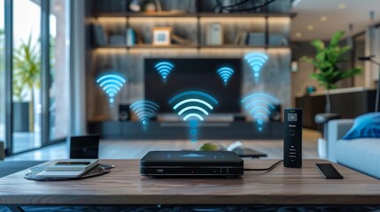 Canvas Print - A wireless router transmitting signals to various devices in a home network