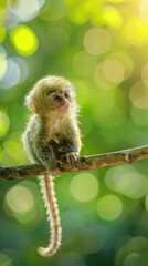 Wall Mural - Adorable Western pygmy marmoset perched on a branch, with a soft bokeh green background creating a serene jungle ambiance in this captivating.