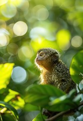 Canvas Print - Enchanting image of a Western pygmy marmoset amidst lush green foliage, the sparkling bokeh background adding depth and magic to the scene. 
