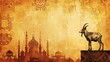 © novian - Eid al Adha goat illustration amidst serene mosque scenery, perfect for text overlay