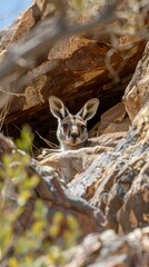 Canvas Print - Intriguing shot of a Western Grey Kangaroo resting in the shade of a rocky outcrop, its watchful eyes scanning the horizon for signs of danger in the vast Australian wilderness.