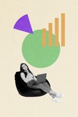 Wall Mural - Composite collage illustration of young business lady lying bean bag with netbook looking at dashboards isolated on beige color background