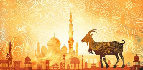 Eid al Adha goat illustration framed by mosque scenery with ample text room