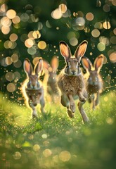 Canvas Print - Enigmatic capture of European hares darting through the grass, their agile movements and graceful leaps highlighted by the sparkling bokeh lights in the background.