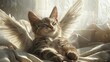 A tabby cat with angel wings, floating in a bedroom filled with soft light, smiling sleepily