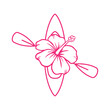 Logo vacaciones en Hawái. Silueta de flor de hibisco con líneas sobre kayak o canoa con remos cruzados