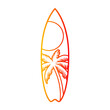 Logo club de surf. Silueta de tabla de surf con líneas con sol y la palma como paisaje
