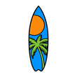 Logo club de surf. Silueta de tabla de surf con líneas y relleno con sol y la palma como paisaje