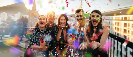 happy friends celebrating with confetti at a rooftop party