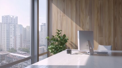 Poster - It's a mock-up for an office interior with a wooden wall, a window overlooking the city, and a computer on the desk.