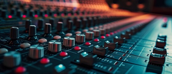 Close-up of a professional audio mixing console with detailed knobs and faders in a recording studio, suitable for music-related events and tech showcases.