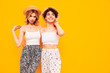 Two young beautiful smiling brunette hipster female in trendy summer clothes. Sexy women posing near yellow wall in studio. Positive models having fun. Cheerful and happy. In straw hat