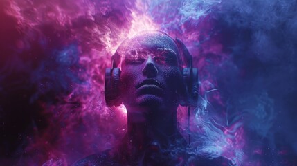 Wall Mural - A person wearing headphones is surrounded by a purple and blue background