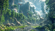 © MikeLegend - Group of dinosaurs walking through lush green forest. Generative AI