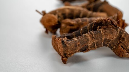 Closeup shot of Alpinia hylandi dried roots on a white surface