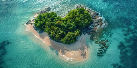Wall Mural - Love Vacation Concept. Aerial Shot of Tropical Island in the Shape of a Heart.