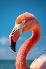 Wall Mural - Vibrant pink flamingo standing in the foreground of a tranquil beach setting