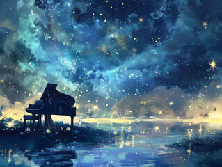 a piano is on a dock by a lake