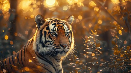 Wall Mural - Portrait of a captivating Bengal Tiger against a backdrop of blurred foliage and twinkling bokeh lights, showcasing the wild beauty of its habitat.
