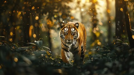Wall Mural - Majestic Bengal Tiger prowling gracefully through the dense foliage of the forest, with sparkling bokeh lights casting an enchanting aura. 
