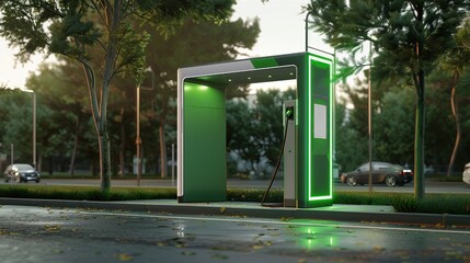 A green electric car charging station with a green canopy