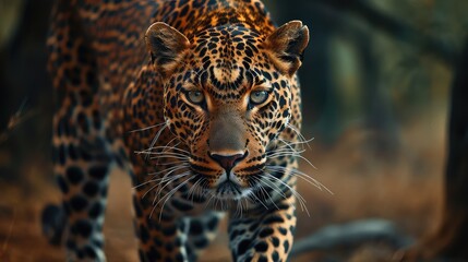 Wall Mural - An inspiring shot highlighting the majestic presence of a leopard in its entirety, with its powerful stride and fierce expression set against a stunning natural background.