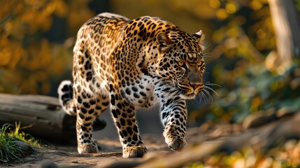 Wall Mural - An engaging photo capturing the full length of a leopard as it moves with grace and stealth against a picturesque background.