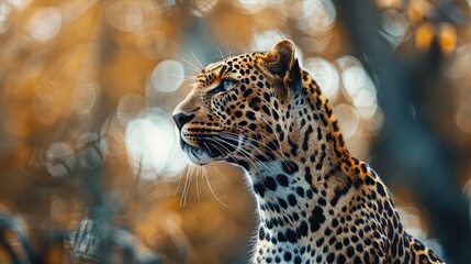 Wall Mural - An atmospheric photo featuring the entire majestic profile of a leopard against a captivating background, with its agile posture and piercing eyes making it a stunning subject for a 4K wallpaper.