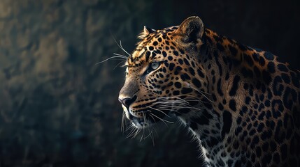 Wall Mural - An atmospheric photo featuring the entire majestic profile of a leopard against a captivating background, with its agile posture and piercing eyes making it a stunning subject for a 4K wallpaper.
