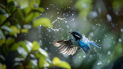 stealth a beautiful cute Blue Fairy Wren actively flying near a subtle splash of water, carefully using his beak to catch the few droplet that are flung into the air