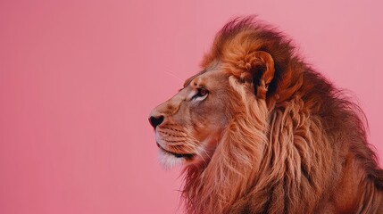 Wall Mural - A dynamic image featuring the noble profile of a lion against a delicate pink background, with its mane flowing and eyes focused, offering a striking and captivating option.