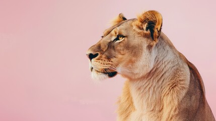 Wall Mural - An engaging photo capturing the powerful presence of a lion against a delicate pink backdrop, offering a serene and elegant option for a high-resolution 4K wallpaper.