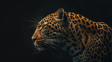 Wall Mural - An engaging photo capturing the striking contrast of a leopard's fur against a dark black background, highlighting the beauty and grace of this magnificent predator in stunning 4K detail.