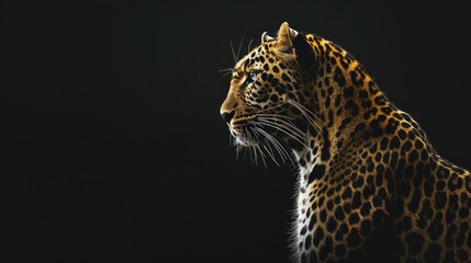 Wall Mural - A captivating image featuring the regal posture of a leopard against a deep black background, with its sleek form.