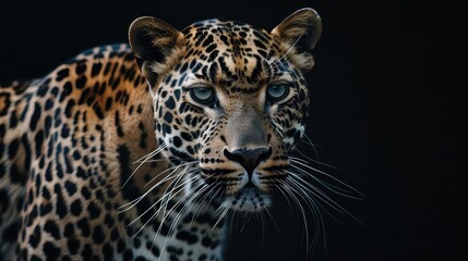 Wall Mural - A dynamic shot capturing the intense beauty of a leopard against a sleek black background, with its striking markings and piercing eyes adding to the allure of this majestic creature in mesmerizing.