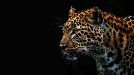 Wall Mural - A captivating shot showcasing the majesty of a leopard against a rich black background, with its sleek form and intense stare adding depth and intrigue to this stunning 4K wallpaper.