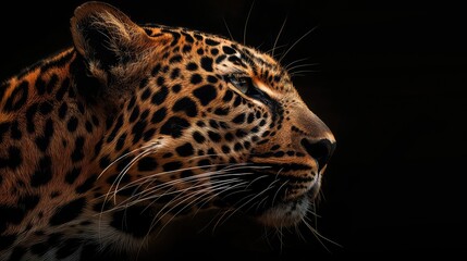 Wall Mural - An atmospheric photo capturing the fierce beauty of a leopard against a dark black background.