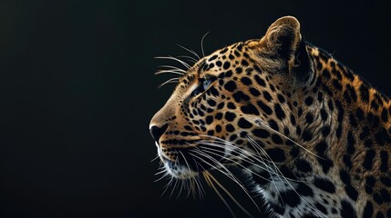 Wall Mural - An engaging photo capturing the elegance of a leopard's profile against a dark black background, creating a dramatic and visually striking 4K wallpaper.