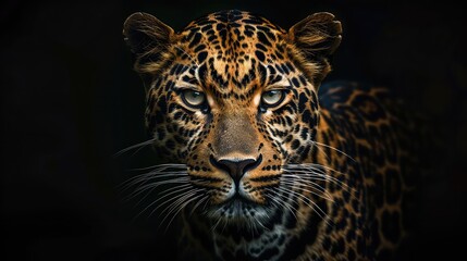 Wall Mural - An inspiring image showcasing the mesmerizing pattern and piercing eyes of a leopard against a deep black backdrop, creating a captivating visual experience for a 4K wallpaper.