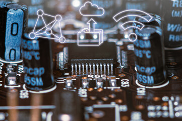 Wall Mural - Closeup of Printed Circuit Board with processor, integrated circuits and many other surface mounted passive electrical components.