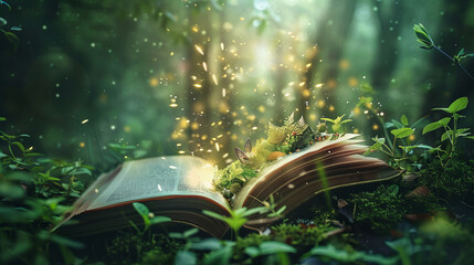 Wall Mural - Enchanted forest book with magical light and butterflies