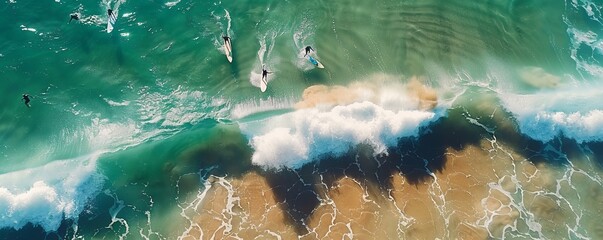 Wall Mural - Aerial drone view of surfers catching waves at Trigg beach, Western Australia, Australia.
