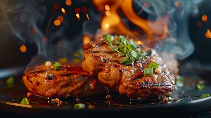 A plate of grilled meat with a side of vegetables