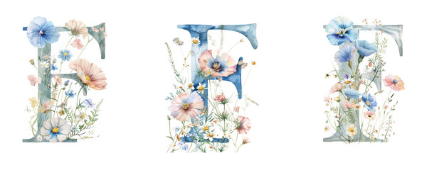 Wall Mural - Ai Generated Art Watercolor Set of Multiple Different Pastel Capital F Letters With the Wild Flowers On a White Background