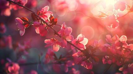 Wall Mural - Beautiful spring cherry blossoms illuminated by sunlight