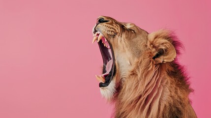 Wall Mural - A striking photo capturing the majestic mouth of a lion against a vibrant pink background, ideal for a high-resolution 4K wallpaper. 